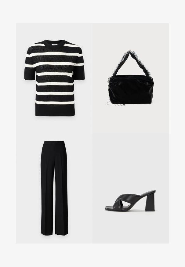 Sort og hvid stribet kortærmet striktop med rund halsudskæring, prydet med et tekstureret mønster og en lige kant.; Sorte vide benbukser med en glat tekstur, der har en høj talje og centerfolder. Ingen synlige mønstre eller hardware detaljer.; MAX&Co. SOHO - Højhælede sandaletter / Højhælede sandaler - schwarz; Sort faux læder håndtaske med en tekstureret overflade, der har en perlesmykke i sølv langs det øverste håndtag og en kædestrop.