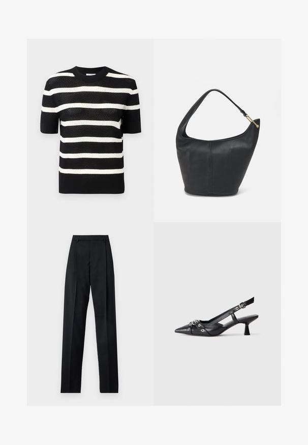 Mustra mustri mustriga lühikeste varrukatega värvitud särk, ümmarguse kaelusega, millel on tekstuurmustrite ja sirge äärega.; Mustad püksid siledast kangast, millel on kõrge vöökoht, laiad jalad, esimesed kortsud ja klassikalised vööloopid. Küljepockets pole nähtavad.; Must must have must toote tõmblukuga, dekoratiivsed rihmad metallist silmadega ja madal blokk-kand. Tekstureeritud pind.; Musthave musta nahast käekott ümarate servadega, laia rihmaga ja tekstureeritud pinnaga. Omab peenelt õmblust detailina ning kullatooni aksessuaare.