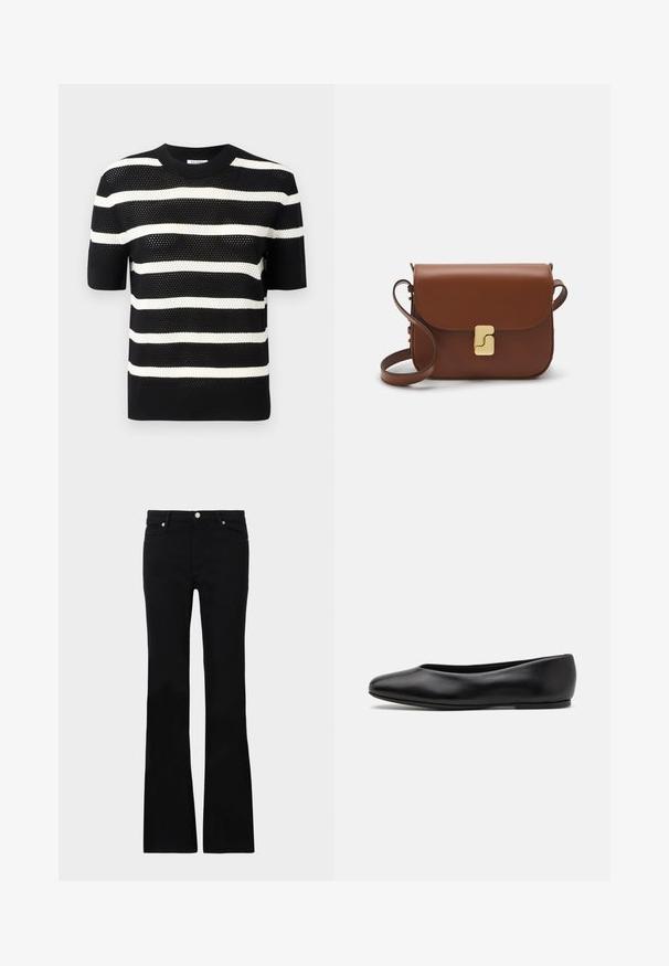 Top de punto de manga corta a rayas en blanco y negro con cuello redondo, que presenta un patrón texturizado y un dobladillo recto.; Pantalones vaqueros de talle ancho en negro, confeccionados en denim, con dos bolsillos frontales, cierre de botón y una textura suave. Costuras distintivas visibles en las costuras.; Paul Smith TOPANGA - Bailarinas - black; Bolso de mano de cuero marrón con cierre de solapa, herrajes en tono dorado, correa para el hombro y una textura suave. Forma rectangular compacta.