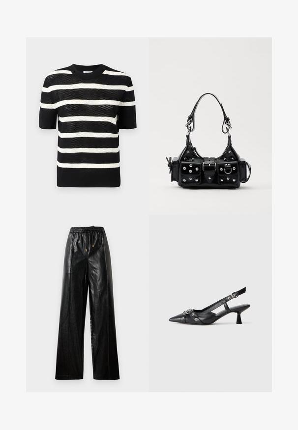 Top tricotat cu mânecă scurtă, în dungi alb-negru, cu decolteu rotund, având un model texturat și un tiv drept.; Pantaloni largi din piele neagră, cu talie elastică, șnur și accente de hardware aurie. Textură netedă și croială lejeră.; Pantofii slingback din piele neagră, cu vârful ascuțit, curele decorative cu ochiuri din metal și toc bloc mic. Suprafață texturată.; Geantă de piele neagră cu un design curbat, dotată cu studuri argintii, o cataramă și două buzunare laterale. Curea ajustabilă pentru opțiuni de transport.