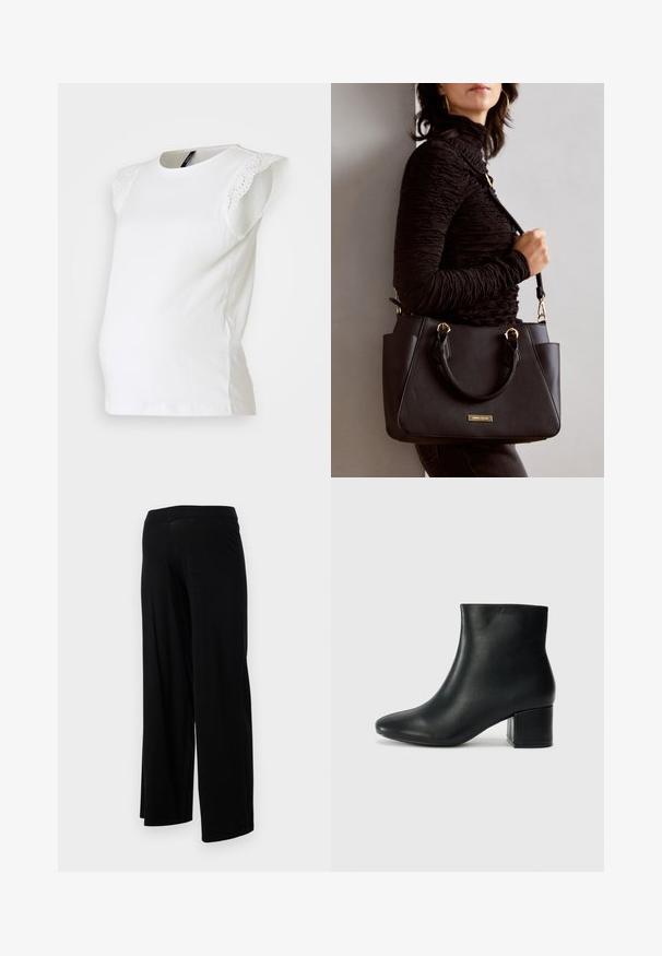 Biela tehotenská blúzka s krátkymi volánovými rukávmi s čipkovými detailmi. Jemná bavlnená tkanina s zakriveným strihom, navrhnutá pre pohodlie.; Čierne široké nohavice s elastickým pásom a hladkým, pružným povrchom. Majú jednoduchý dizajn, bez vzorov alebo ozdôb.; Čierne kožené členkové čižmy s špicatou špičkou a hrubým podpätkom. Hladká textúra s minimálnymi akcentmi a elegantným, priliehavým dizajnom.; Čierna kabelka s textúrovaným povrchom, dvojitými hornými rúčkami a nastaviteľným ramenným popruhom. Obsahuje zlaté kovanie a bočné vrecká.