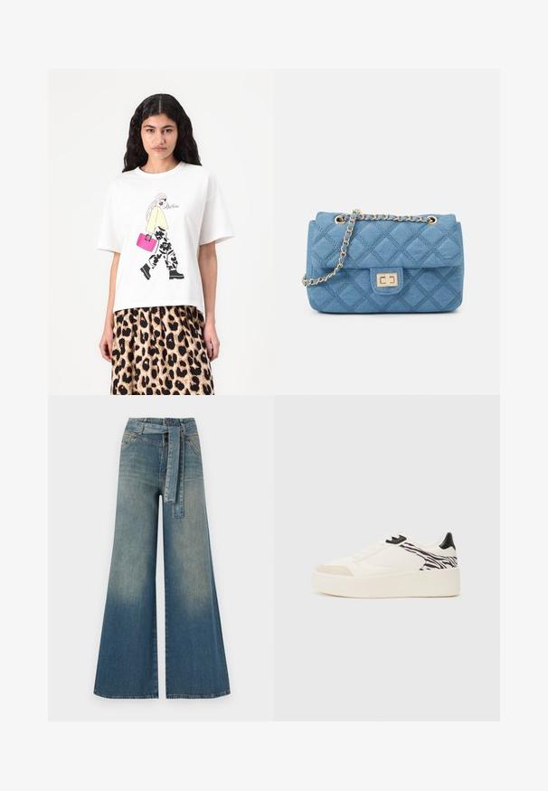 Camiseta blanca con un diseño gráfico de una figura con una parte superior amarilla y pantalones florales negros, llevando un bolso rosa. Mangas cortas, corte relajado.; Pantalones de mezclilla de pierna ancha con un degradado de azul claro a oscuro, cintura alta, trabillas para cinturón y un cinturón de tela a juego. Acabado de mezclilla texturizada.; Even&Odd Zapatillas - white/black; ONLY ONLFLORENCE CROSSBODY BAG - Bandolera - blue denim/gold