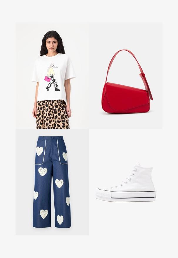 Hvid t-shirt med et grafisk design af en figur i en gul top og sorte blomstrede bukser, der bærer en lyserød håndtaske. Korte ærmer, afslappet pasform.; Sister Jane HEART TO HEART - Jeans Straight Leg - blue denim; Hvide høje kanvas sneakers med sort gummisål, gummitåhætte foran og seks øjehuller til snørebånd, der har et rent, minimalistisk design.; Rød læderhåndtaske med et kantet, geometrisk design. Har en enkelt justerbar rem og en klaplukning med syede detaljer.