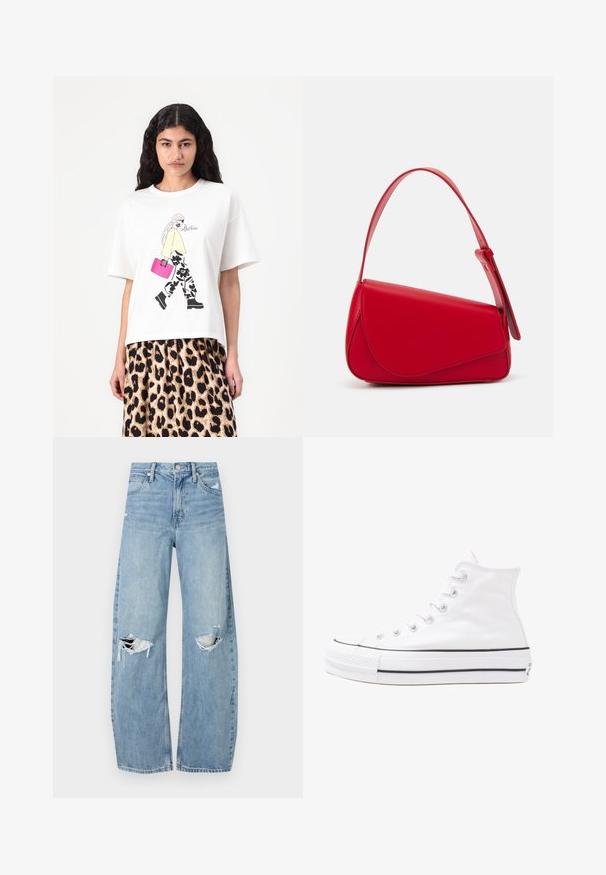 T-shirt branca com um design gráfico de uma figura com uma blusa amarela e calças pretas florais, a carregar uma bolsa rosa. Mangas curtas, corte descontraído.; Jeans de lavagem clara, de cintura alta, feitos de denim. Apresentam pernas largas, duas áreas rasgadas nos joelhos e o estilo clássico de cinco bolsos.; Sapatilha alta de tela branca com sola de borracha preta, bico de borracha na frente e seis ilhós para os atacadores, apresentando um design limpo e minimalista.; Bolsa de mão em couro vermelho com um design angular e geométrico. Apresenta uma única alça ajustável e um fecho com aba, com detalhes cosidos.