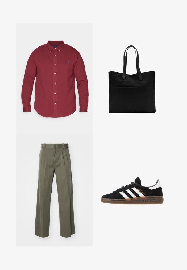 Polo Ralph Lauren Big & Tall FEATHERWEIGHT MESH SHIRT - Košeľa - vintage port heather; Olivové nohavice s voľným, širokým strihom a prednými záhybmi. Vyrobené z textúrovanej tkaniny so štandardným pásom a bez viditeľných prackov.; Čierne tenisky Adidas so bielymi pruhmi, zlatým textom "Spezial", gumenou podrážkou a bielym zadným pútkom, zobrazené z bočného pohľadu.; Čierna taška s dlhými uchami, vyrobená z hladkej textílie. Obsahuje prednú vrecko a minimalistický dizajn. Žiadne viditeľné kovanie ani vzory.; Digitálne hodinky Casio s kovovým remienkom v ružovom zlate, obdĺžnikovým puzdrom, osvetleným displejom a vodoodolnosťou, zobrazuje čas a dátum.