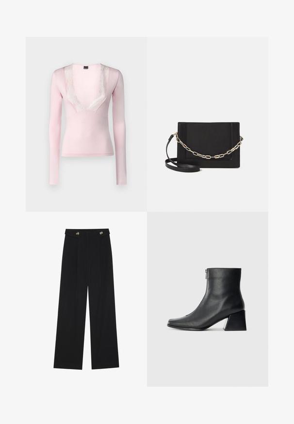 Long-sleeve top in light pink fabric with a deep V-neck featuring a lace trim along the neckline. Soft texture and fitted design.; Black wide-leg trousers with high waist, button details on waistband, and front pleats.; Black leather ankle boot with square toe, side zipper, and block heel against plain light background.; Black leather crossbody bag featuring a smooth texture, rectangular shape, and a metallic chain detail on the front. Adjustable strap included.