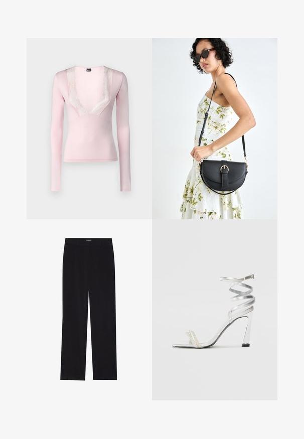 Camisola de mangas longas em tecido rosa claro com um decote em V profundo, apresentando um acabamento em rendas ao longo da gola. Texture suave e design ajustado.; Calças de veludo cotelê pretas com corte reto, apresentando uma cintura lisa e sem bolsos visíveis, textura suave e detalhe de riscas verticais.; Sandalha de salto alto prateada com um design de tira brilhante, apresentando um detalhe semelhante a uma pérola e uma tira de tornozelo espiralada para um ajuste seguro.; Bolsa de couro preta com forma curva, alça destacável e detalhes em dourado. A bolsa possui uma aba com detalhe de fivela.