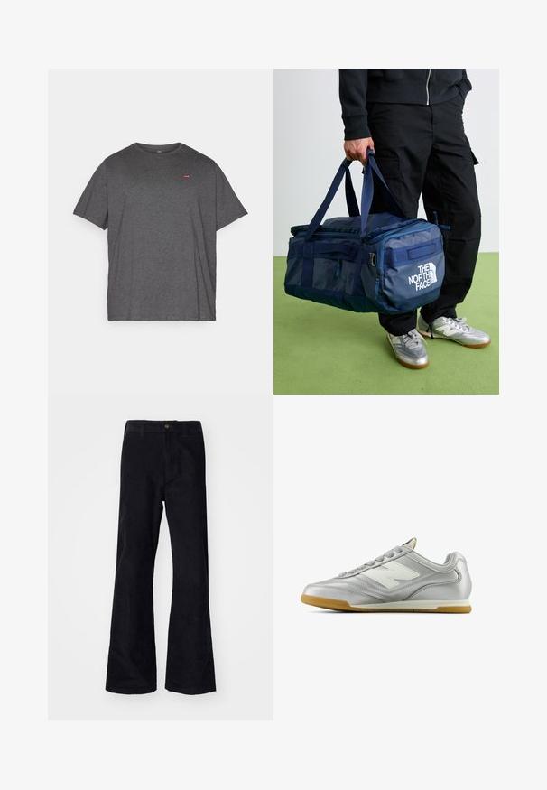 Levi's® Plus BIG ORIGINAL TEE - T-shirt basic - dark charcoal heather; Pantaloni neri a zampa d'elefante in cotone con un cinturino tradizionale, bottone frontale singolo e tasche ai lati e sul retro. Tessuto liscio.; Scarpa sportiva argentata con una superficie liscia e lucida, logo bianco di lato, lacci grigi con texture e suola in gomma.; Persona in pantaloni neri e sneakers argentati che porta una borsa a tracolla blu di The North Face per manici, su un pavimento verde.