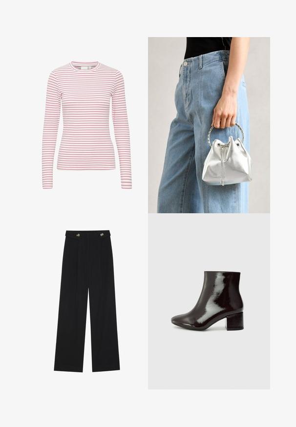 Garās piedurknes svītrainā T-kreklā ar rozā un baltām horizontālām svītrām, apaļa kakla izgriezums, mīksts audums un pieguļošs siluets.; Melnas platās bikses ar augstu jostasvietu, pogu detaļām uz jostas un priekšējām krokām.; Melnas lakotas ādas potītes zābaki ar smailu purngalu un masīvu papēdi. Gluda tekstūra ar vieglu spīdumu un vienkāršām līnijām, minimālistisks dizains.; Metāliskā sudraba somiņa ar teksturētu apdari, rotāta ar sudraba apaļu rokturi un aukliņu aizdari, turēta pretī gaišziliem džinsiem.