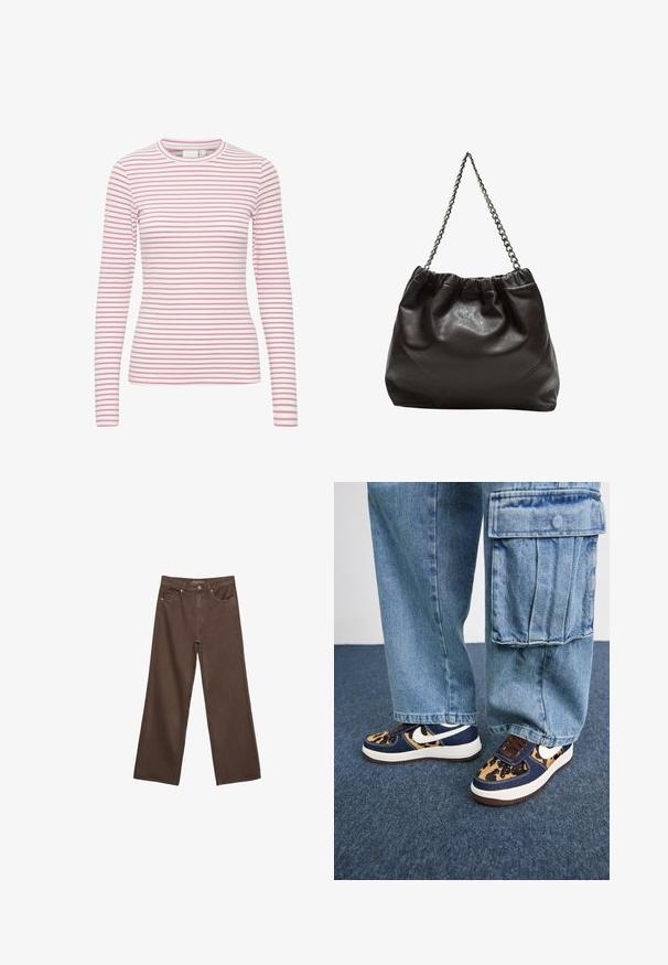 Majica dolgimi rokavi s črtami, ki ima roza in belo vodoravne črte, okroglo ovratnik, mehak material in prileganje kroja.; Široke rjave kavbojke iz denima, ki imajo visok pas, sprednje žepe in klasično zapiranje na gumb. Gladka tekstura s subtilnim šivom.; Temno modre teniske z leopardjim vzorcem, bel Nike znak, rjave vezalke in bela podloga. V kombinaciji z svetlim denim krojačkim hlačami.; Rjava usnjena torba z nabranim vrhom in verižnim trakom. Gladka tekstura z sijajno površino in subtilnimi šivi na straneh.
