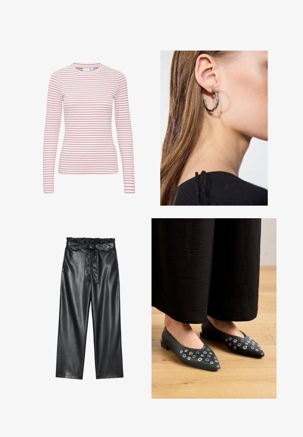 Langærmet stribet t-shirt med pink og hvide vandrette striber, rund hals, blødt stof og en tætsiddende silhouette.; Sorte faux læder bukser med bred ben, elastisk, flæset talje og en aftagelig bælte. Glat tekstur og minimal glans.; Sorte læderflade sko med spidse tæer, dekoreret med metaløje accenter i forskellige størrelser og en lav firkantet hæl. Glat struktur på trægulv.; Sølv hoop ørestik med en poleret overflade, prydet med små guld accenter og en rund form, båret på øreflippen.