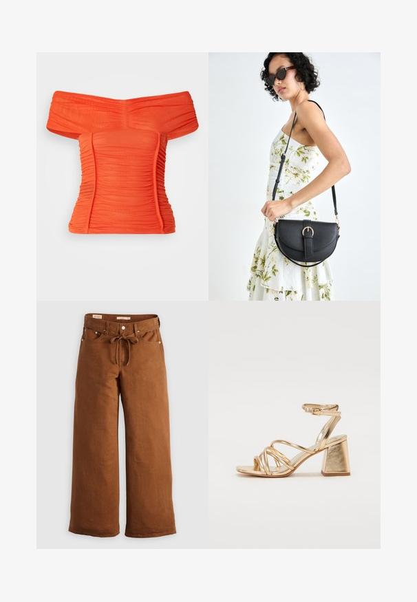 Atskleidžianti orandžinė palaidinė, pagaminta iš susiraukšlėjusios medžiagos; turi raukšlėtą tekstūrą, prigludusią formą ir plačią iškirptę.; Kavos pločio kojų kelnės, pagamintos iš patvarios medžiagos, su raišteliu juosmenyje, priekinėmis kišenėmis ir sidabro detalėmis.; Auksinės metalinės kulniuko šlepetės su juostelėmis, kvadratiniu blokiniu kulnu ir reguliuojamu kulkšnies dirželiu su sagtimi. Lygi tekstūra.; Juodas odinis krepšys su išlenkta forma, nuimamu dirželiu ir auksiniais detalėmis. Krepšys turi kilpą su sagtimi.; Aukso tono metalinės auskarai su stilingu, kreiviu dizainu. Išsiskiria ryškiu smailiu pavidalu, poliruota paviršiumi ir užsegimu su vyriu.