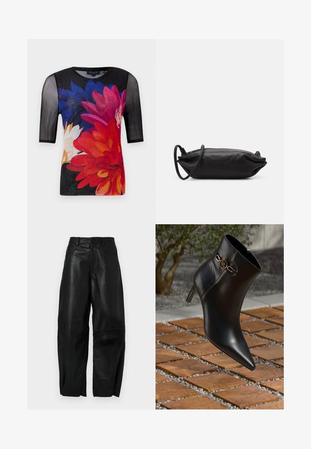 Short-sleeve t-shirt featuring a black mesh overlay with a colorful floral print in red, pink, and blue against a dark background.; Black blouse with long sheer sleeves, featuring front pleats and a layered fabric flower accent on the left shoulder. Button closure at neck.; Black leather pants with a loose fit, featuring a straight leg design, front pockets, and visible stitching details.; Black leather ankle boot with pointed toe and small heel. Features a gold chain accent on the ankle. Surrounded by a textured stone surface.; Black leather clutch bag with a rectangular shape, smooth texture, thin shoulder strap, and minimalistic design.