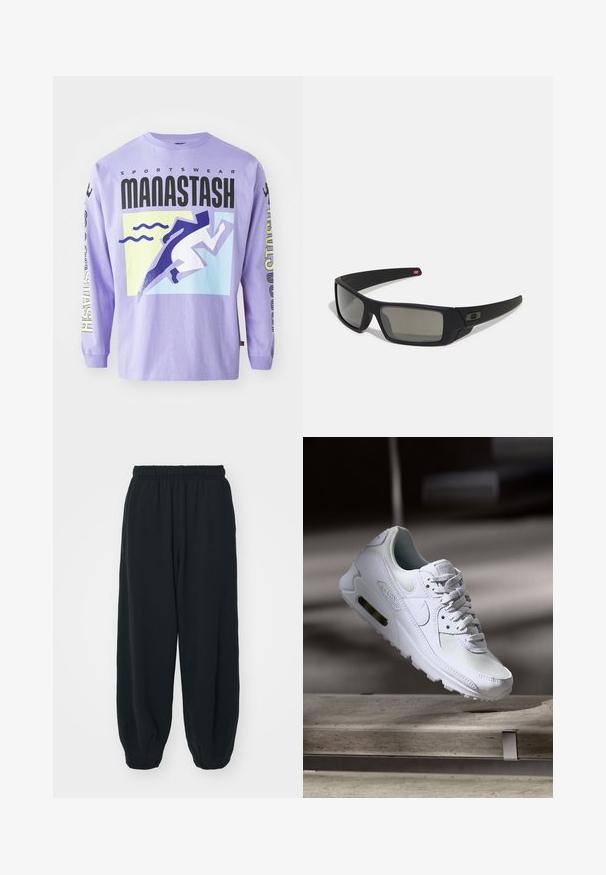 Tricou lung cu mânecă, de culoare purpurie, cu un design grafic ce prezintă motive stilizate de alergător și valuri. Material: bumbac. Textul include "SPORTSWEAR MANASTASH."; Pantaloni de trening negri, cu talie elastică, cu o croială lejeră, la baza pantaloni fiind strânși, având o textură netedă și fără modele sau accente metalice vizibile.; Adidașii Nike Air Max 90 albi, având un superior din plasă și piele, cutie pentru degete perforată și o unitate de aer vizibilă în călcâie.; Ochelari de soare negri cu o finisare mată, lentile dreptunghiulare, curbură ușoară pe bănci, detaliu subtil cu logo și lentile cu tentă fumurie.