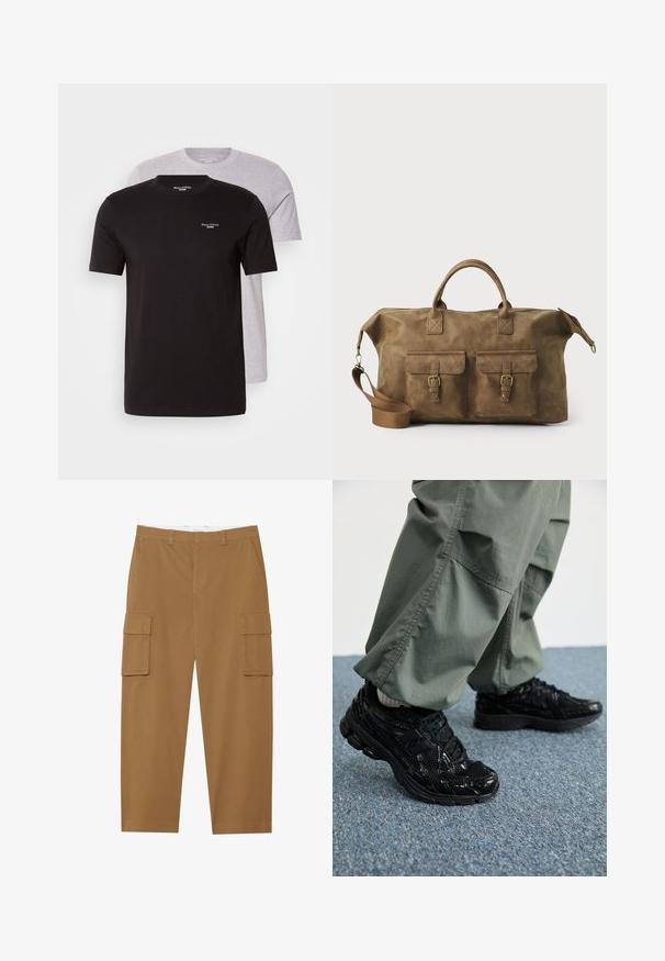 Duas t-shirts de manga curta em preto e cinzento claro, feitas de algodão, com gola redonda e um pequeno logótipo no peito.; Calças cargo castanhas com dois bolsos laterais, frente plana e corte reto. Feitas de um tecido durável com uma textura suave.; Sapatilhas desportivas pretas com texturas brilhantes e de malha, apresentando uma sola grossa e atacadores, combinadas com calças cargo largas de cor verde-oliva.; Mala de viagem em couro castanho com dois bolsos frontais, alça de ombro ajustável, acessórios dourados e alças superiores robustas. Textura suave.