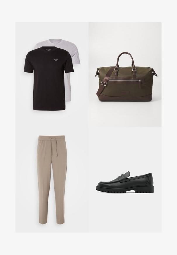 Kaksi lyhythihaista t-paitaa mustana ja vaaleanharmaana, valmistettu puuvillasta, joissa on pyöreä kaula-aukko ja pieni logo rinnassa.; Harmaat vaaleat housut, joissa on joustava vyötärö, säädettävä nyöri ja kapeat lahkeet. Kangas näyttää sileältä ja siinä on hienoinen kiilto.; Musta nahkaloafers, joissa on pyöreä kärki, ommeltu pinta, matala alusta ja kuvioitu, kuminen ulkopohja.; Kangasduffeli oliivinvihreänä, jossa on ruskeat nahkaosat. Varustettu kaksilla kahvoilla, irrotettavalla olkahihnalla ja edessä vetoketjullisella taskulla.