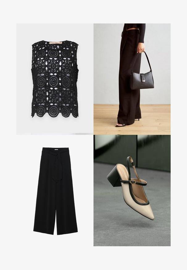 Svart ermeløs topp med intrikate heklemønstre i blonder med sirkulære og stjernesymboler, bølgekant, rund hals og uten foring.; Svart vide bukser med teksturert stoff, elastisk midje og avtagbart belte som gir justerbar passform.; Beige spiss tå slingback sko med svart kant, gullspenne og tykk blokkheel på grått gulv med mørkegrønn bakgrunn.; Svart håndveske med strukturert form, jevn tekstur og metallisk lås. Kombinert med brede svarte bukser og sandaler med åpen tå på tregulv.