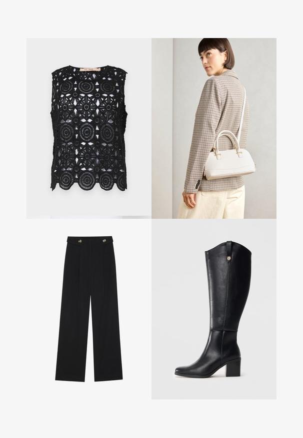 Svart ermeløs topp med intrikate heklemønstre i blonder med sirkulære og stjernesymboler, bølgekant, rund hals og uten foring.; Svart vide bukser med høy midje, knappdetaljer på midjebåndet og frontplisser.; Sorte knelengde lærsko med firkantet tå og blokkhelt. Har en sidesøm og en dekorativ metallakcent øverst.; Hvit strukturert håndveske med korte håndtak og skulderreim, med detaljer i gullfinish og teksturert materiale, vist mot en grå bakgrunn.