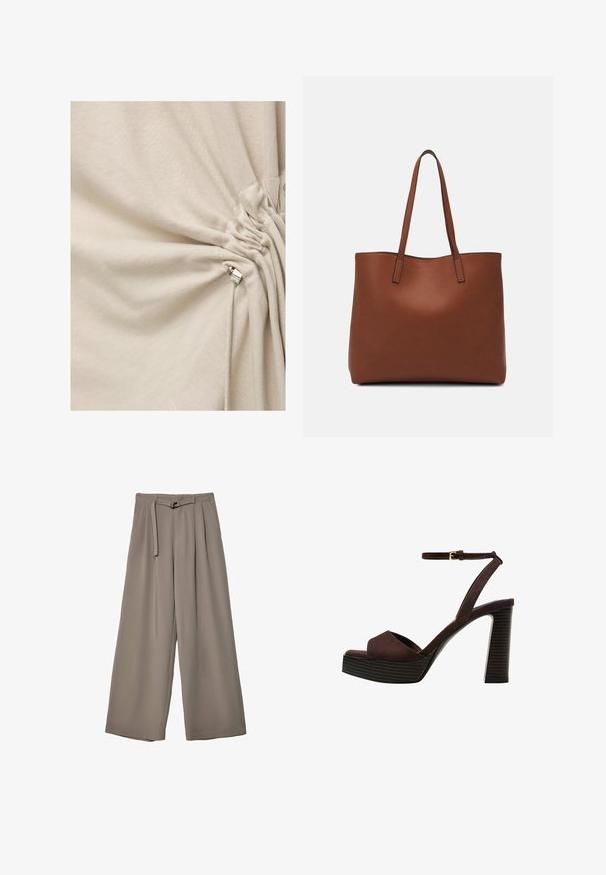 Romige stof samengebracht en vastgemaakt met een zilveren metalen cord lock in een trekkoorddetail.; Wijd nietenbroeken van een zachte, gedempte grijze stof, met een ceintuur in de taille en plooien voor extra ontwerpelementen. Gladde textuur, geen patronen.; Bruine suède high-heeled sandaal met een open teen, verstelbare enkelband en een gestreepte plateauzool.; Bruine leren tote bag met een gladde textuur, een ontwerp met een open bovenkant en twee schouderbanden. Kenmerkt zich door minimale stiksels en geen zichtbare hardware.