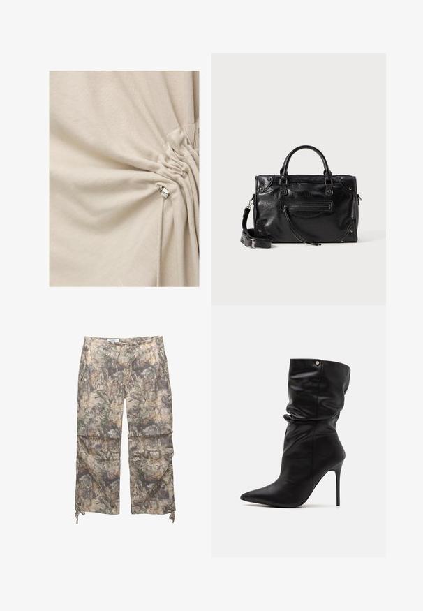 Romige stof samengebracht en vastgemaakt met een zilveren metalen cord lock in een trekkoorddetail.; Camo-geprinte broek gemaakt van een lichtgewicht stof, met een elastische tailleband, zijzakken en verstelbare trekkoorden bij de enkels.; Even&Odd Wide Fit Enkellaarsjes met hoge hak - black; Zwarte leren handtas met twee korte handvatten en een afneembare schouderriem. Voorzien van een voorvak met rits en metalen accenten. Structuur oppervlak.