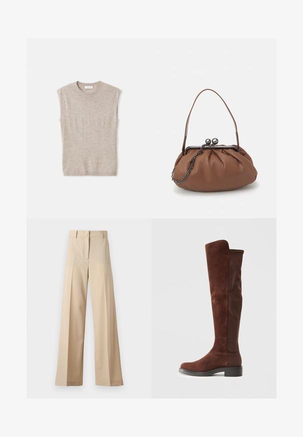 Top sem mangas de tom bege claro, feito de material suave, com decote redondo, linhas limpas e um corte ligeiramente solto. Design minimalista.; Calças largas bege feitas de tecido suave, com frente plana com pregas, fecho de correr e passantes para cinto. Ajuste entalhado no geral.; Bota alta em camurça marrom e tecido, com salto baixo preto e bico arredondado, apresentada em vista lateral sobre fundo branco liso.; Bolsa de mão em couro castanho com um design franzido, uma alça curta em couro e uma alça de corrente. Apresenta um fecho de metal prateado com dois detalhes redondos.