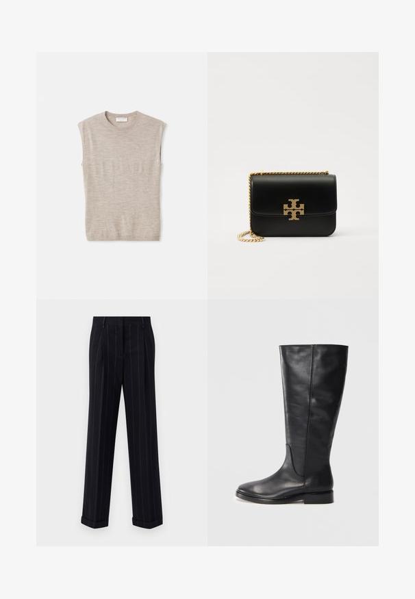 Top fără mâneci, de culoare bej deschis, realizat dintr-un material moale, cu guler rotund, linii curate și o croială ușor largă. Design minimalist.; Pantaloni negri cu dungi, cu o croială adaptată, având o tivă cu manșetă și pliuri frontale. Construiți dintr-un material neted cu un design structurat.; Botină neagră din piele, până la genunchi, cu un toc mic și bot rotund, care prezintă detalii de coasere pe tijă și pe partea din față.; Geantă de mână din piele neagră, cu curea din lanț auriu și accent de logo. Are o formă rectangulară și un capac tip fold-over. Textură netedă.