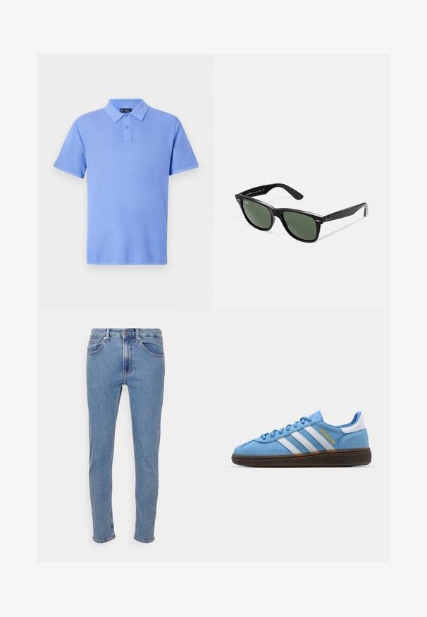 Camisa polo em azul claro, de mangas curtas, com tecido de malha texturizada, gola com abertura de três botões, sem padrões ou detalhes adicionais.; Jeans slim fit azul claro com botão frontal e fecho de correr, bolsos dianteiros e traseiros, exibidos em fundo branco.; Sapatilhas de camurça azul-claro com riscas de couro branco, sola texturizada castanha e detalhe do logótipo em dourado. Design baixo com bico arredondado.; Óculos de sol de plástico preto com lentes verdes, armações quadradas, detalhe prateado na sobrancelha e hastes texturizadas. Marca indicada na parte interna da haste.