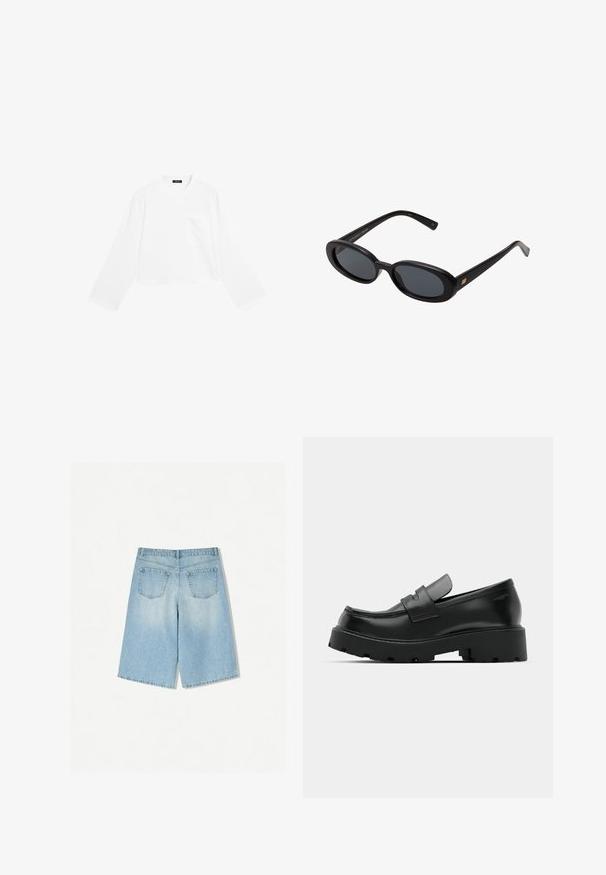 Witte lange mouwen cropped t-shirt gemaakt van katoen, met een ronde hals en één borstzak. Glad textuur met een minimalistisch design.; Lichtblauwe denimshorts met een relaxte fit, voorzien van twee achterzakken en een recht vallend ontwerp. Schone zoom en zachte textuur.; Zwarte leren instappers met een chunky, gestructureerde zool, voorzien van een band over de voet en een gladde, gepolijste afwerking.; Zwarte oversized zonnebril met ovale lenzen, een glad plastic montuur en gouden accenten op de pootjes. Donkere lenzen bieden bescherming tegen de zon.