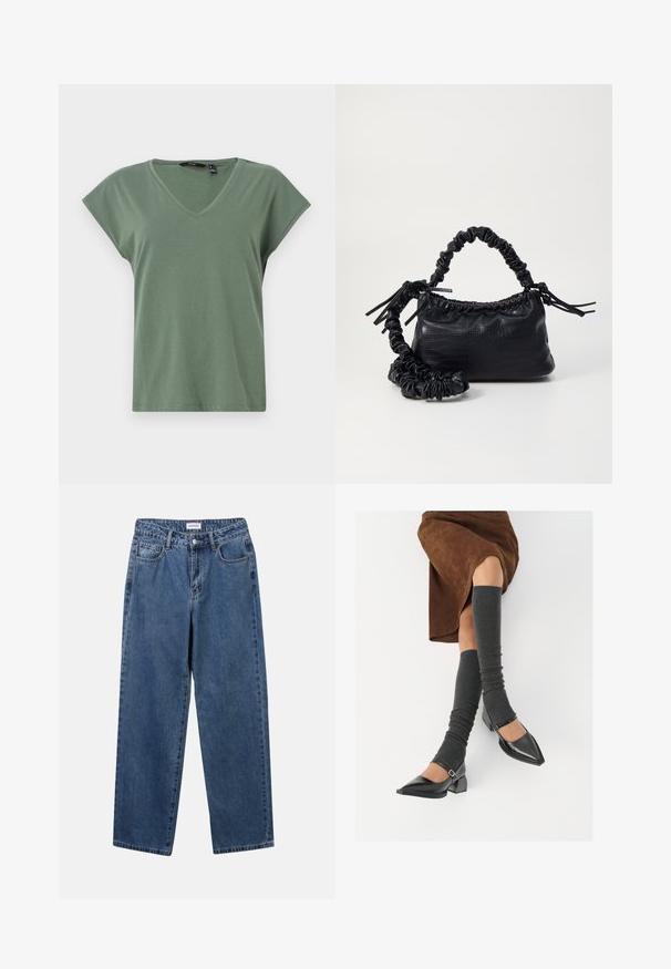 Olive green V-neck T-shirt with short sleeves, made from soft fabric. Features a relaxed fit and a clean design with no visible logos.; Classic blue denim jeans with a straight-leg design, five pockets, and a button closure. Features a medium wash and sturdy texture.; Black patent leather pointed-toe shoes with a block heel and ankle strap, paired with gray ribbed leg warmers and a brown suede skirt.; Black faux leather handbag with a crocodile texture, cinched top, and a scrunched strap. Appears soft and compact in design.