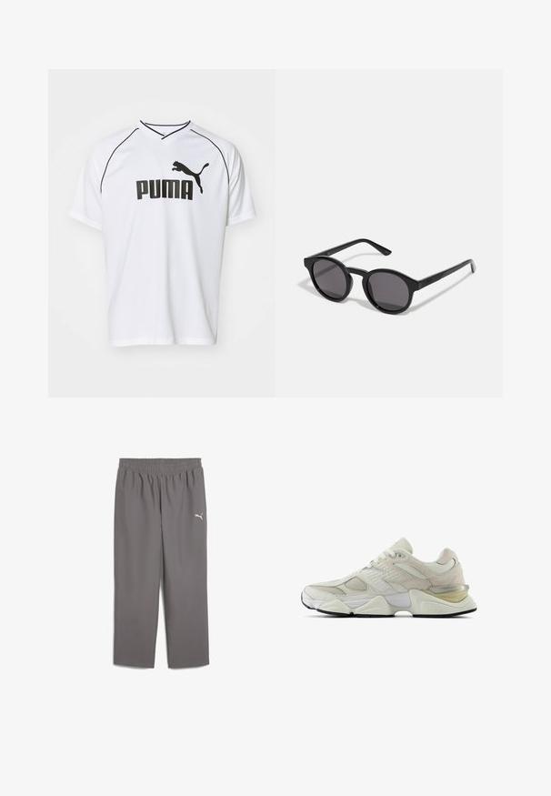 Balsvieta īsu piedurkņu sporta krekls, kas izgatavots no elpojoša materiāla. Iezīmējas ar melniem akcentiem un izteiksmīgu melnu PUMA logo priekšpusē.; Pelēkas sporta bikses ar elastīgu jostu, izgatavotas no viegla auduma. Kreisajā kājā ir neliels balts logo.; Baltas sporta apavi ar sietu un zamša augšpusi, noapaļota pirkstu daļa un polsterēts apkaklīte. Iespējas ar atstarojošiem akcentiem un bieza, teksturēta zole.; Melnas saulesbrilles ar apaļu, nedaudz viļņotu rāmi, tumšiem lēcu un taisniem melniem kātiem. Gluda, spīdīga virsma bez redzamām kontūrām.