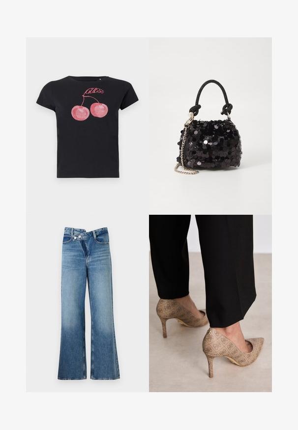 Camiseta negra de algodón con mangas cortas. Presenta un gráfico de dos cerezas rosas adornadas con rhinestones y la palabra "GUESS" encima.; Jeans de mezclilla azul claro acampanados con cintura alta, que cuentan con dos botones y bolsillos frontales. La tela tiene una textura desteñida con variaciones sutiles.; Zapatos de tacón altos beige con una tela texturizada que presenta un patrón repetitivo. Diseño de punta afilada con un acento en la parte trasera y detalle de tacón dorado.; Bolso de mano mini negro con lentejuelas, con una correa de textura anudada y cadena plateada. Forma redondeada con parte superior fruncida y detalles reflectantes.