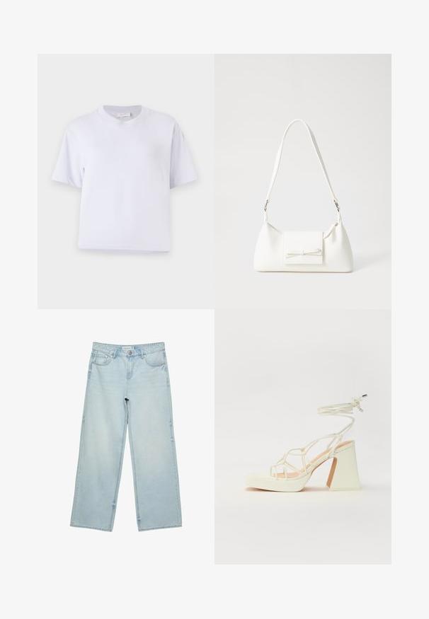 T-shirt bianco in cotone con vestibilità morbida, maniche corte, collo tondo e senza motivi visibili o decorazioni. Texture liscia.; Jeans a gamba larga di un blu chiaro in denim, con vita alta, cinque tasche e un leggero sbiadimento. Taglio dritto con bordi orlati.; Sandalo bianco con tacco alto, caratterizzato da un design a cinturini e un legaccio alla caviglia. Texture liscia con una piattaforma frontale per un'altezza aggiuntiva.; Borsa sintetica bianca a forma triangolare, con patta anteriore piatta e dettaglio a fiocco, tracolla regolabile, texture liscia e design minimalista.