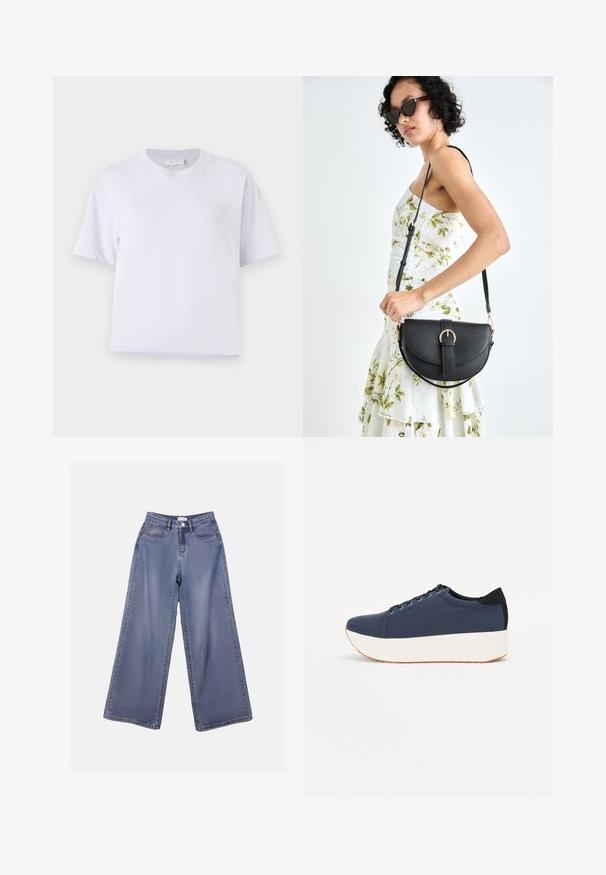 Biele bavlnené tričko s voľným strihom, krátkymi rukávmi, okrúhlym výstrihom a bez viditeľných vzorov alebo ozdôb. Hladká textúra.; Džínsy s širokými nohavicami v svetlomodrom umývaní, s vysokým pásom, prednými vreckami a zapínaním na gombík s pútkami na opasok.; Námornícky modré tenisky s textúrovaným textilným zvrškom, bielou platformovou podrážkou, zaoblenou špičkou a čiernym akcentom na päte. Obsahujú šesť otvorov na šnúrky.; Čierna kožená kabelka s zaobleným tvarom, odnímateľným popruhom a zlatými doplnkami. Kabelka má klopu s detailom s prackou.