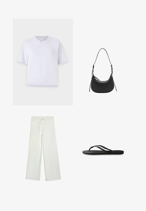T-shirt bianco in cotone con vestibilità morbida, maniche corte, collo tondo e senza motivi visibili o decorazioni. Texture liscia.; Pantaloni bianchi a gamba larga realizzati in un tessuto morbido. Presentano un elastico in vita con cordino e una consistenza liscia. Senza motivi visibili o accessori.; Infradito neri con suola in gomma testurizzata, due cinghie sottili e un sottile dettaglio del logo impresso sulla cinghia.; Borsa a spalla in pelle nera con forma curva, tracolla regolabile, dettagli in metallo dorato e superficie liscia al tatto.