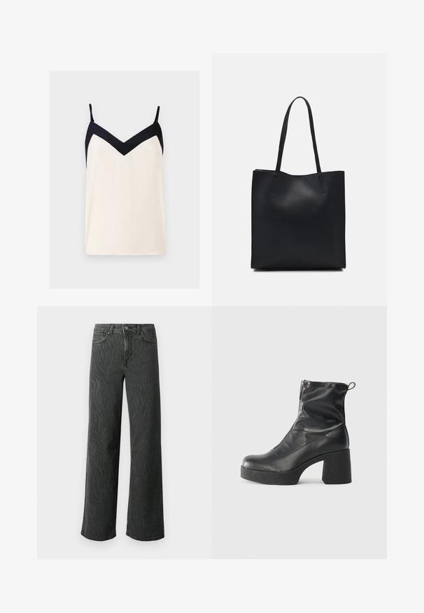 Tank top Ibiscous s krémovým telom a námorníckym V-výstrihom. Nastaviteľné ramienka, ľahký materiál a uvoľnený strih.; Džínsy so širokými nohavicami v tmavošedej denime, s jemnou textúrou v zebrovom vzore, kontrastným prešívaním a dizajnom s piatimi vreckami a gombíkovým zapínaním.; Čierne členkové topánky z hladkej kože, so bočným zipsom, robustnou textúrovanou pätnou časťou a zaobleným dizajnom špičky.; Čierna kožená taška na rameno s hladkým povrchom, obdĺžnikovým tvarom a dvoma dlhými uchami. Bez viditeľného kovania alebo ozdôb.