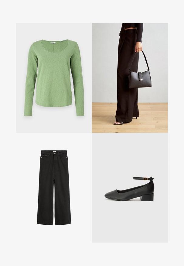 Green long-sleeve top with a rounded neckline, made of a lightweight textured fabric, featuring a subtle heathered pattern.; Wide-leg black denim jeans with a high waist. Features five pockets, metal hardware, and a clean finish. The texture is smooth and soft.; Black leather pump with a pointed toe and a low block heel. Features an ankle strap with a gold-tone buckle. Smooth texture.; Black handbag with structured shape, smooth texture, and a metallic clasp. Paired with wide black pants and open-toe sandals on wooden floor.