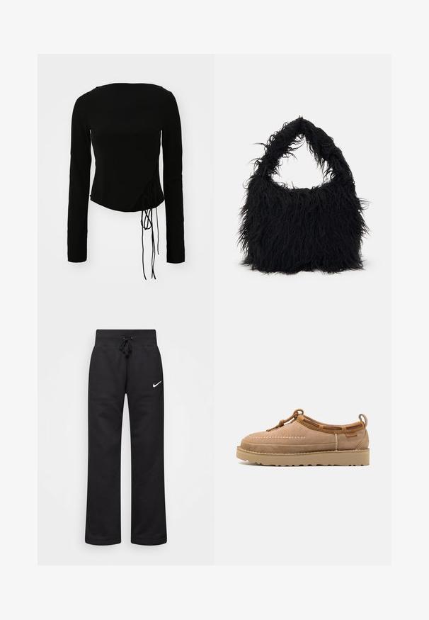Czarny, długi rękaw top o dopasowanym fasonie, z bocznym wiązaniem i lekko skróconym dołem. Gładka tekstura materiału.; Czarne dresy wykonane z mieszanki bawełny, z elastycznym pasem ze sznurkiem, prostymi nogawkami i białym logo Nike po lewej stronie.; Jasnobrązowy zamszowy but typu slip-on z okrągłym noskiem, ozdobiony dekoracyjnym przeszyciem, skórzanymi akcentami i gumową podeszwą.; Even&Odd - Torba na zakupy