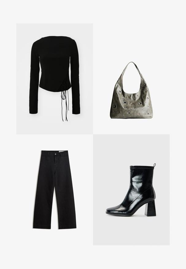 Black long-sleeve top with a fitted design, featuring a side tie detail and a slightly cropped hem. Smooth fabric texture.; Black wide-leg denim pants with a high waist, featuring front and back pockets, stitched seams, and a button closure. Smooth texture.; Black patent ankle boot with a square toe and chunky geometric heel. Features a smooth, shiny texture and a rear pull tab for easy wear.; Olive green leather handbag with a slouchy design, featuring various sized circular cutouts and accents in darker and lighter shades.