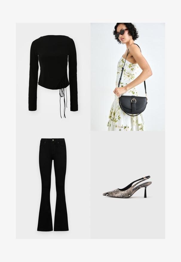 Juodas ilgomis rankovėmis viršus su prigludusia siluetu, su šoniniu raišteliu ir šiek tiek sutrumpintu hemu. Lygi Audinio tekstūra.; Juodos aukšto liemens džinsai su mygtuku ir užtrauktuku, priekinėmis kišenėmis ir platėjančiomis kojomis, išdėstyti ant baltos fono.; V-formos slingback batai, pagaminti iš tekstūruoto gyvatės odos raštų, su siauru juodu kulnu ir išpjova šonuose.; Juodas odinis krepšys su išlenkta forma, nuimamu dirželiu ir auksiniais detalėmis. Krepšys turi kilpą su sagtimi.