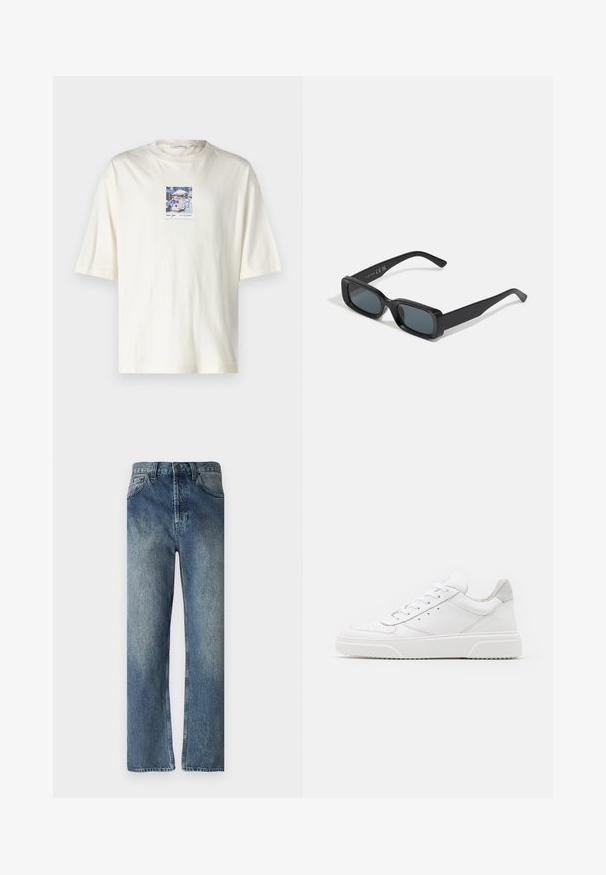Rövid ujjú krémszínű póló, amely pamutból készült, középen egy New York-i utcai jelenet négyzet alakú grafikájával. Normál környakú dizájn.; Kék farmernadrág egyenesen szabott lábbal, elhasználódott mosással, övhurkokkal, elülső zsebekkel és egy hátsó zsebbel.; Fehér bőr sportcipő sima felülettel, kerek orral, lapos fűzőkkel és textúrált talppal. Szürke velúr díszítés a saroknál.; Fekete téglalap alakú napszemüveg sötét lencsékkel. Fényes keret, egyenes karok enyhe ívvel. Minimalista dizájn, díszítések nélkül.