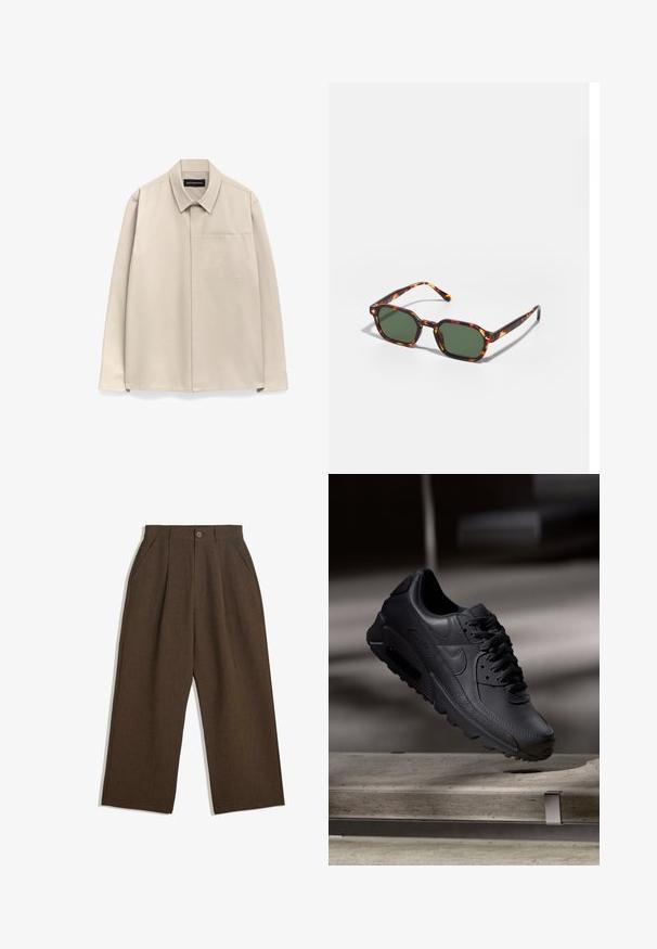 Lichtbeige langlijns overhemd met een klassieke kraag, een enkele borstzak en een licht gestructureerde stof. Knopmanchetten en rechte zoom.; Bruine geplooide broeken met een wijdvallend ontwerp, voorzien van een knoopsluiting en zijzakken, gemaakt van een textiel dat geschikt is voor casual wear.; Zwarte Nike Air Max sneakers met een bovenwerk van gestructureerd leer, rubberen zool en een opvallend vetersysteem, dat een strakke, moderne uitstraling heeft.; Tortoiseshell zonnebrillen met groene glazen, met een octagonaal formaat en slanke, gebogen armen. Materiaal heeft een glanzende afwerking.