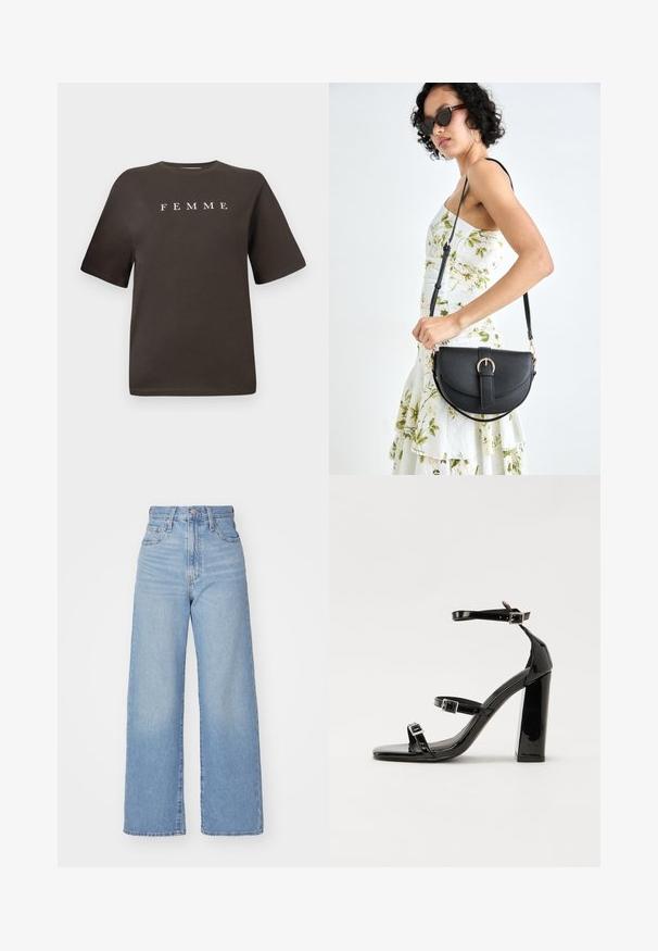 Braunes Baumwoll-T-Shirt mit kurzen Ärmeln und rundem Halsausschnitt, auf der Vorderseite zentriert mit dem Wort "FEMME" in Weiß.; Hellblaue High-Waist-Weite-Leg-Jeans mit Knopf- und Reißverschluss vorne, Vorder- und Rückentaschen, auf weißem Hintergrund.; Schwarze Lackleder-Sandalen mit hohen Absätzen, zwei Riemen mit Schnallen, quadratischer Zehenpartie und klobigem Blockabsatz, mit einer glatten, glänzenden Textur.; Schwarze Lederhandtasche mit geschwungener Form, abnehmbarem Tragegurt und goldenen Beschlägen. Die Tasche verfügt über einen Deckel mit einer Schnallen-Details.
