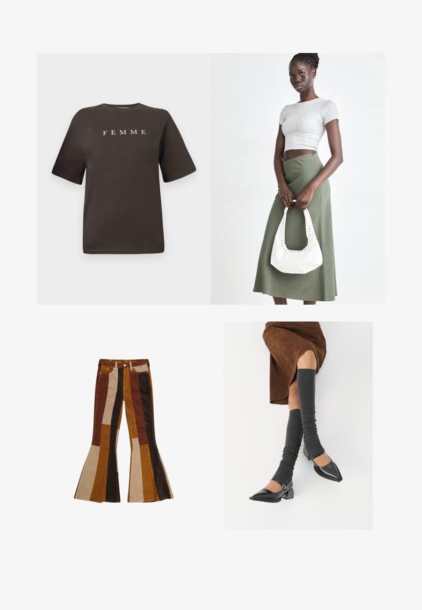 Brūns kokvilnas T-krekls ar īsām piedurknēm un apaļu izgriezumu, uz kura priekšpuses centrā ir balta vārds "FEMME".; Kordūra flared bikses ar vertikālām svītrām brūnā, bēšā un sinepju krāsā. Izteiksmīgs dizains ar augstu jostasvietu un piecām kabatām.; Melnas laka ādas apavi ar norādītu purngalu, blokveida papēdi un potīšu jostu, saskaņoti ar pelēkām ribotām kāju sildītājām un brūnu zamšādas svārku.; Pelēks ribots īsais tops un olīvzaļš augstās vidukļa svārki. Modelis tur baltu plecu somu ar izgriezumiem. Vienkāršs dizains, pieguloša silueta.
