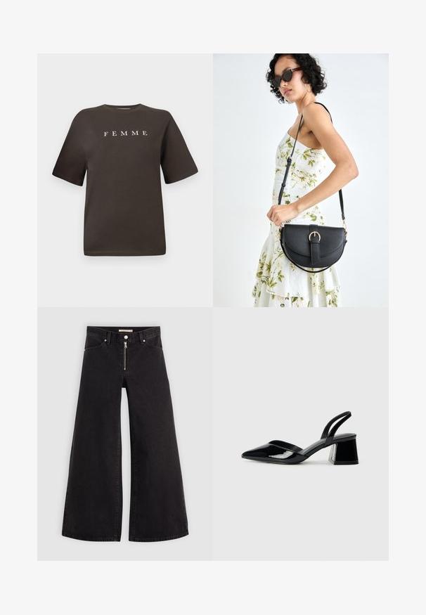 Bruine katoenen T-shirt met korte mouwen en een ronde halslijn, voorzien van het woord "FEMME" in het wit, gecentreerd op de voorkant.; Wijdvallende jeans van zwarte denim met een ritssluiting aan de voorkant, vijf zakken en subtiele stikdetails. Soepele textuur en casual stijl.; Zwarte gepatineerde leren slingback hakken met een spitse neus en een geometrische blokhak. Kenmerkt zich door een slank, minimalistisch ontwerp en een gladde textuur.; Zwarte leren handtas met een gebogen vorm, afneembare schouderband en gouden hardware. De tas heeft een klep met een gespsluiting.