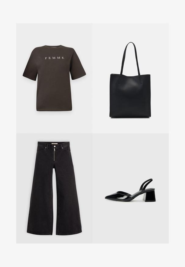 Valkoinen t-paita, jossa on lyhyet hihat ja pyöreä pääntie, ja etupuolella on keskellä sana "FEMME" valkoisena.; Mustat leveälahkeiset farkut, joissa on vetoketjufrunti, viisi-taskuinen muotoilu ja hienovaraiset ompelusyyt. Sileä pinta ja rento tyyli.; Mustat patentoitu nahkakengät, joissa on säären takaosa ja terävä kärki, sekä geometrinen palikkakorko. Sisältää tyylikkään, minimalistisen muotoilun ja sileän pinnan.; Mustapahkainen kangaskassi, jossa on sileä pinta, suorakaiteen muotoinen ja kaksi pitkää kahvaa. Ei näkyvää metalliosaa tai koristeita.