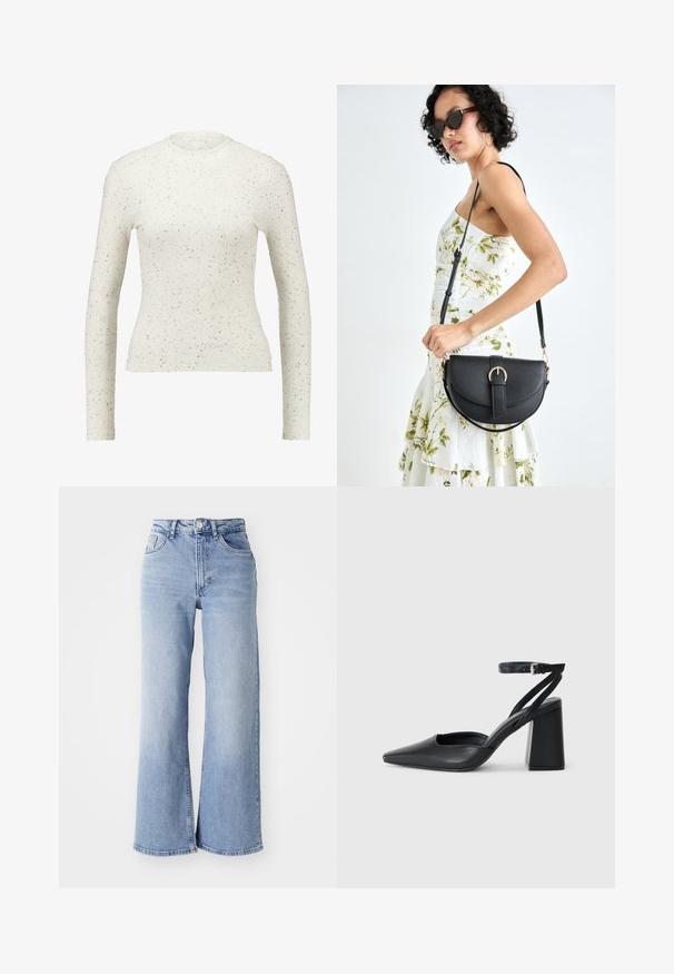 Sweater de malha canelada de mangas longas em creme com manchas pretas. Design ajustado, gola redonda, tecido texturizado.; Jeans de cintura alta, de perna larga, em azul claro, com bolsos frontais e traseiros, fecho de botão e desbotamento subtil nas coxas e nas bainhas.; Sandal com biqueira afilada em couro preto, com cinta no tornozelo e salto grosso. Textura lisa, design elegante e estética minimalista.; Bolsa de couro preta com forma curva, alça destacável e detalhes em dourado. A bolsa possui uma aba com detalhe de fivela.