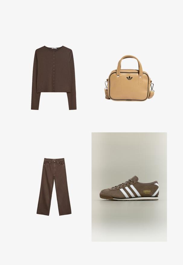 Brun långärmad cardigan med rundad halsringning och knäppning fram med synliga metalldelar. Mjukt, slätt tyg med kortad nederkant.; Breda bruna jeans i denim med hög midja, framfickor och klassisk knäppning. Slät textur med subtil sömnad.; Brun mockasneaker med tre vita ränder, flat gummisula, rund tå och guldigt "adidas Italia"-logotyp på sidan.; Tan veganläderväska med två handtag, avtagbar axelrem, svarta accentstygn och en liten svart logga på framsidan.
