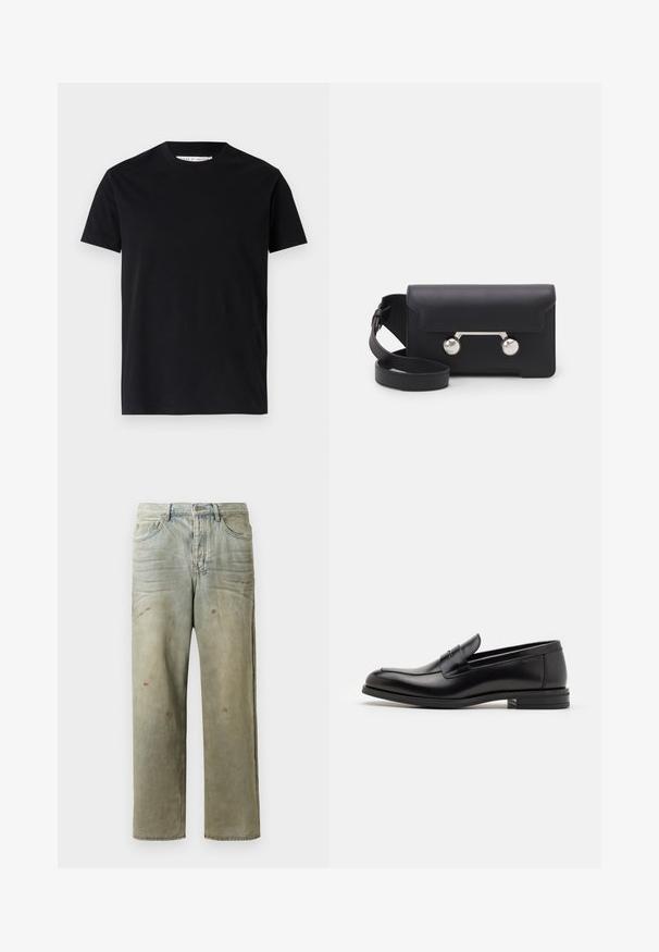 Juodas trumpomis rankovėmis marškinėliai, pagaminti iš medvilnės, su apvalia iškirpte ir lygiu paviršiumi, be matomų raštų ar akcentų.; Šviesiai žaliai nuvarytos džinsinės kelnes, su tiesiomis kojomis, penkių kišenių dizainu, nelygiai blukščiantis ir su dažų lašeliais.; Juodos odinės loafers, turinčios lygų paviršių, apvalią noselę ir dekoratyvinę juostą per priekinę dalį. Žemas krentantis kulnas, minimalistinis dizainas.; Juodas odinis kryžminis krepšys su sklendės uždarymu, sidabro spalvos detalėmis ir dviem apvaliais akcentais. Yra nusiimamas diržas. Lygus paviršius.