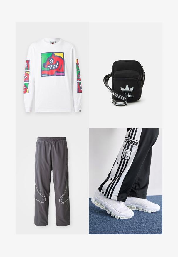 Long-sleeve white T-shirt featuring colorful graphic prints of a red creature with sharp teeth on front and sleeves, made of cotton.; Men's gray athletic pants with an elastic waistband, zippered pockets, and reflective white accents on the sides. Lightweight, smooth texture.; Adidas track pants in black and white with three stripes and snap buttons, paired with white sneakers featuring a thick, tubular sole.; Black fabric crossbody bag with a zipper closure, featuring a white Adidas logo and a striped adjustable strap for easy carrying.