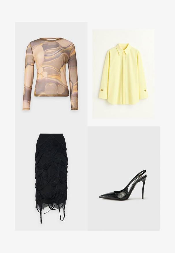 Dlouhý rukáv top z průhledné látky s hnědým a béžovým abstraktním vzorem se žlutými akcenty. Kolo výstřih a přiléhavý střih.; Žlutá košile s dlouhým rukávem vyrobená z lehkého materiálu. Má klasický límeček a zlaté knoflíkové detaily na manžetách. Hladký povrch.; Černá sukně s vrstvenými krajkovými detaily, přiléhavým pasem a nastavitelnými ramínky. Design zahrnuje vlnkový vzor po celém povrchu.; Černé slingback lodičky s špičatou špičkou, texturovaným hadím vzorem, jehlovým podpatkem a ozdobnou sponou na pásku.